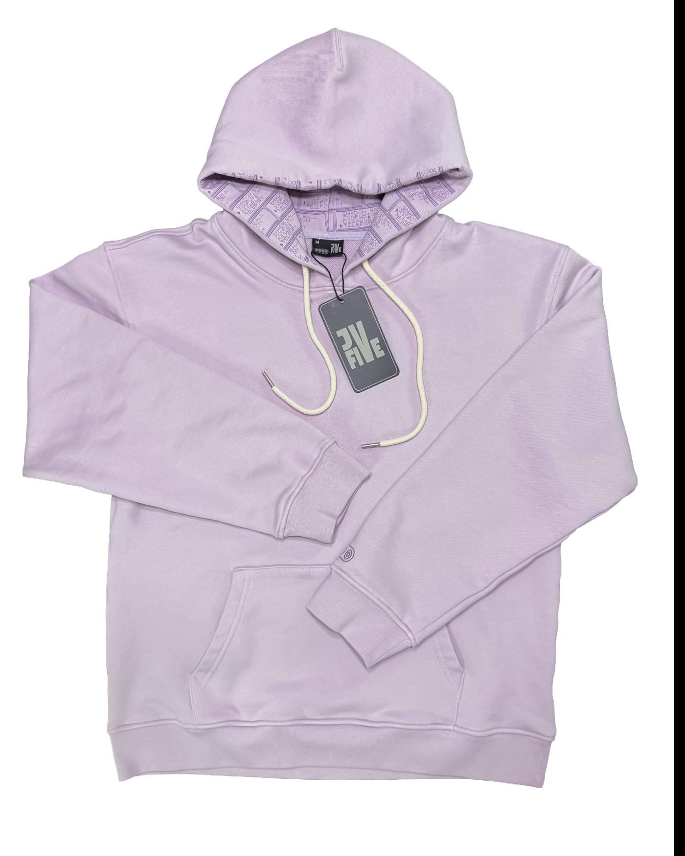 The 150 Hoodie laid flat: pale lavender, cream drawstrings with metal tips, patterned hood lining and a jvFIVE hangtag